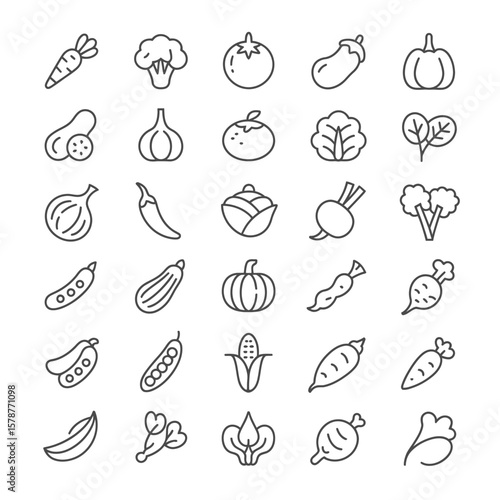 Thirty Vegetable Icons Line Art Black and White Simple Minimalist Food Graphics Collection image