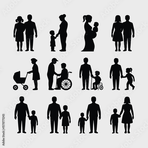 Twelve Black Silhouettes Depicting Diverse Family Groups Including Parents Children Infants and Individuals with Disabilities in Various Poses and Configurations