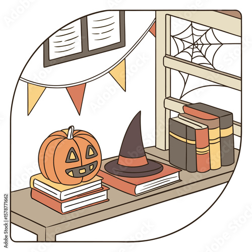 Illustration of a cozy dorm room with a loft bed, desk, window, and autumn themed decorations inside
