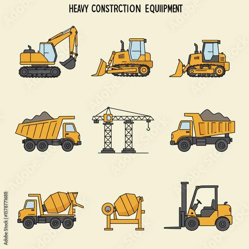 Collection of line art illustrations depicting heavy construction equipment, including excavators, bulldozers, dump trucks, cranes, cement mixers, and forklifts, ideal for construction industry