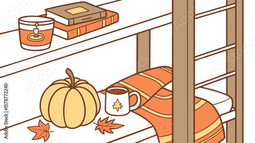 Isometric dorm room scene with a loft bed, desk, rug, fall leaves, and pennant banner decoration