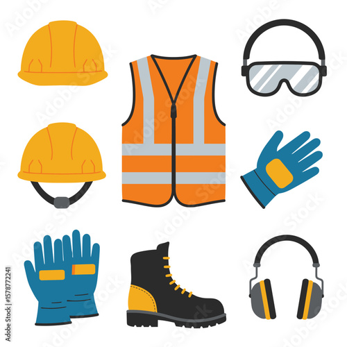 A vector illustration showcases essential construction safety equipment, including a hard hat, safety vest, gloves, goggles, ear protection, and work boots on a white background.