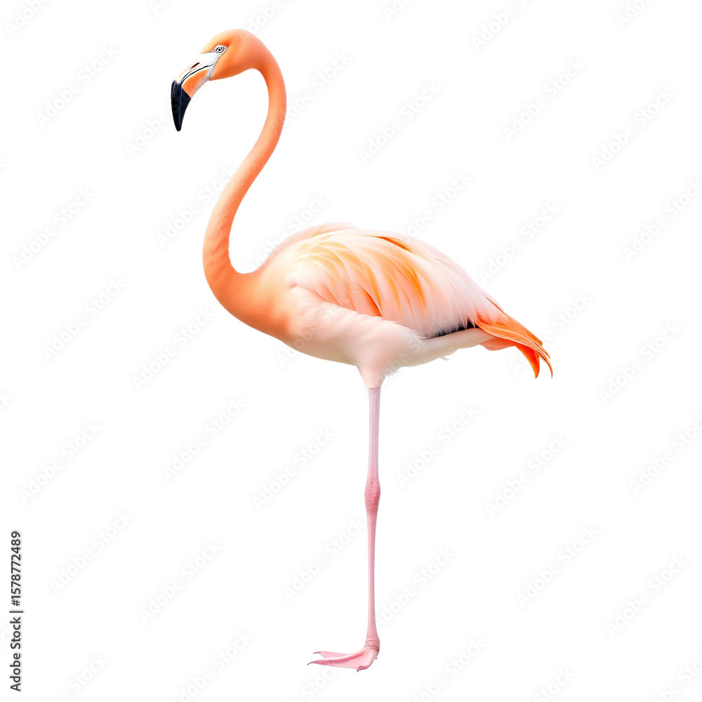 Obraz premium A graceful Flamingo standing on one leg, its pink plumage vibrant and detailed, elegantly curved neck, isolated on a white background, 1:1 aspect ratio.