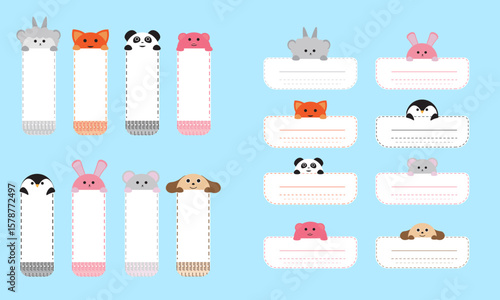 Cute Animal Bookmark and Name Tag Vector Set