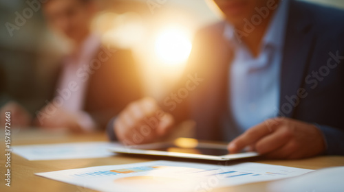 A person in a suit uses a tablet at a sunny meeting table, with a blurred colleague and financial documents in the foreground.