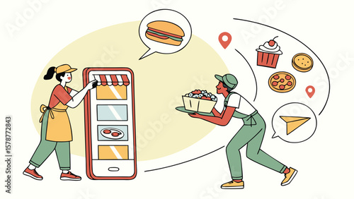 Online food ordering service with delivery person and digital storefront on a smartphone screen