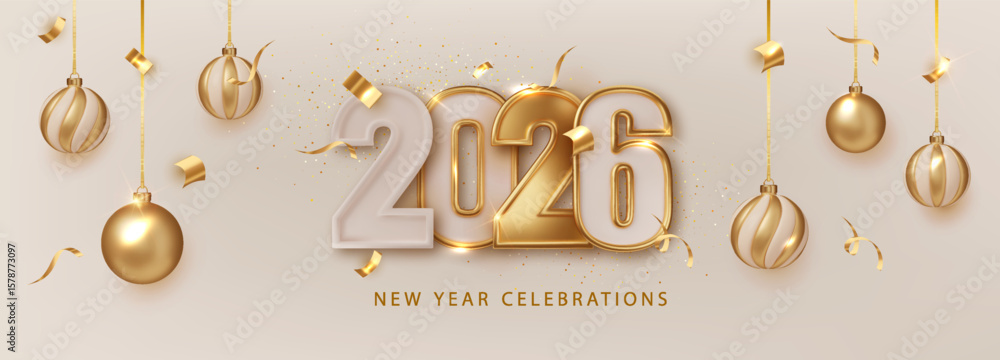 Fototapeta premium 2026 Happy New Year Greeting Banner. Christmas Holiday Dark Banner with Golden numbers date 2026 on Dark Festive Background
