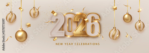 2026 Happy New Year Greeting Banner. Christmas Holiday Dark Banner with Golden numbers date 2026 on Dark Festive Background