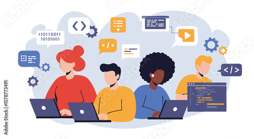Diverse group of developers coding together on laptops
