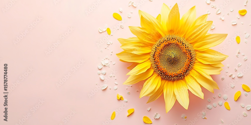 A sunflower with petals on a pink background view A sunflower with petals on a pink background view