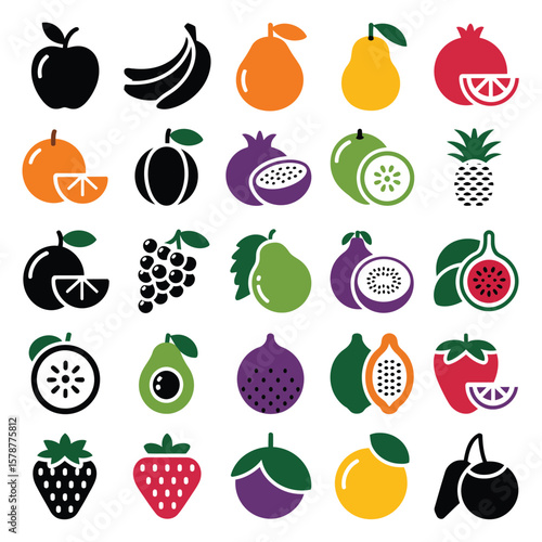 Collection of Thirty Colorful Fruit Icons Apples Bananas Oranges Pears Pomegranates Pineapple Grapes Figs Avocados Strawberries Passion Fruit Kiwi Black and Red and Green and