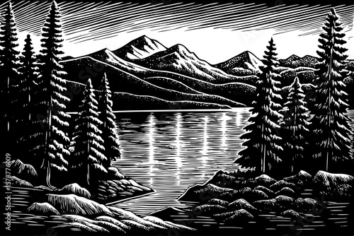 Lake Tahoe, straddling California and Nevada, surrounded by pine trees and snowy peaks, depicted in a peaceful black and white line art illustration ideal for outdoor, winter, and travel design