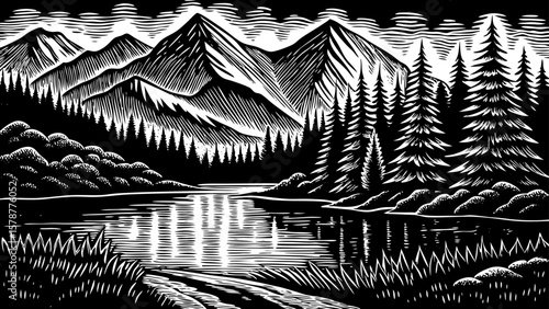 Lake Tahoe, straddling California and Nevada, surrounded by pine trees and snowy peaks, depicted in a peaceful black and white line art illustration ideal for outdoor, winter, and travel design
