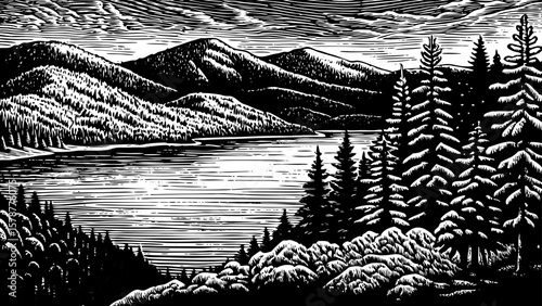 Lake Tahoe, straddling California and Nevada, surrounded by pine trees and snowy peaks, depicted in a peaceful black and white line art illustration ideal for outdoor, winter, and travel design