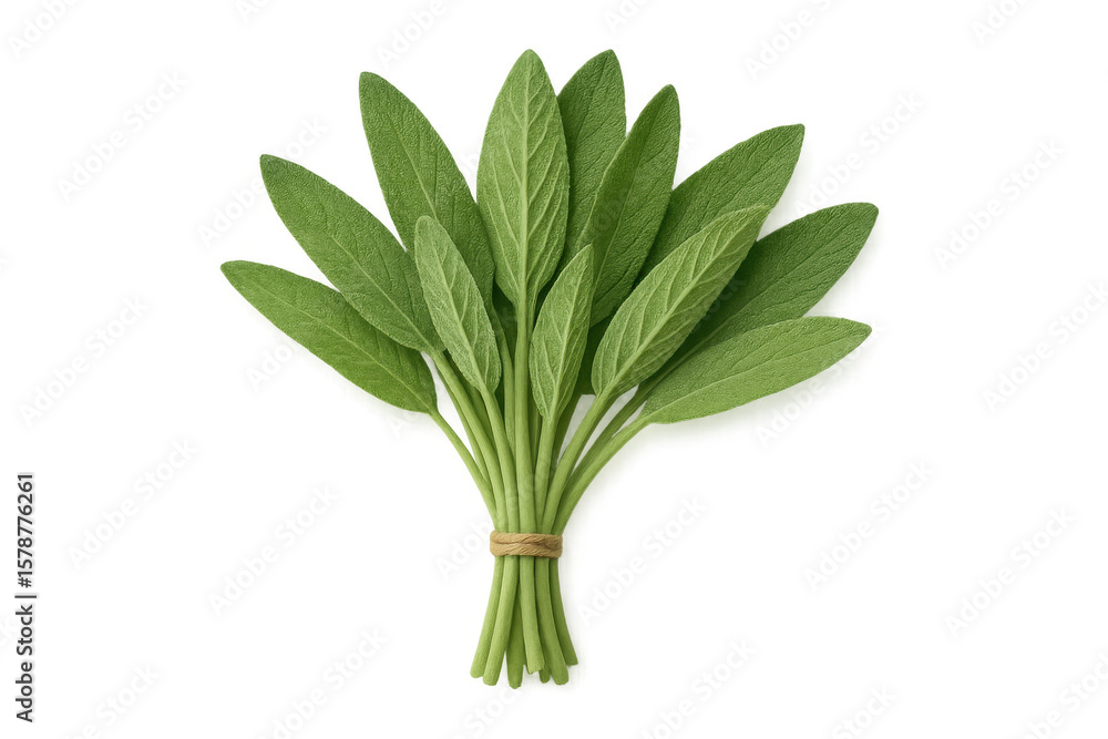 Fragrant sage leaves bundled with twine, displaying verdant hue and herbal essence against transparent backdrop Fragrant sage leaves bundled with twine, displaying verdant hue and herbal essence against transparent backdrop