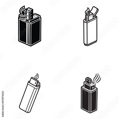 A set of vector gift box icons with a disposable red plastic lighter for igniting a cigarette, isolated on white