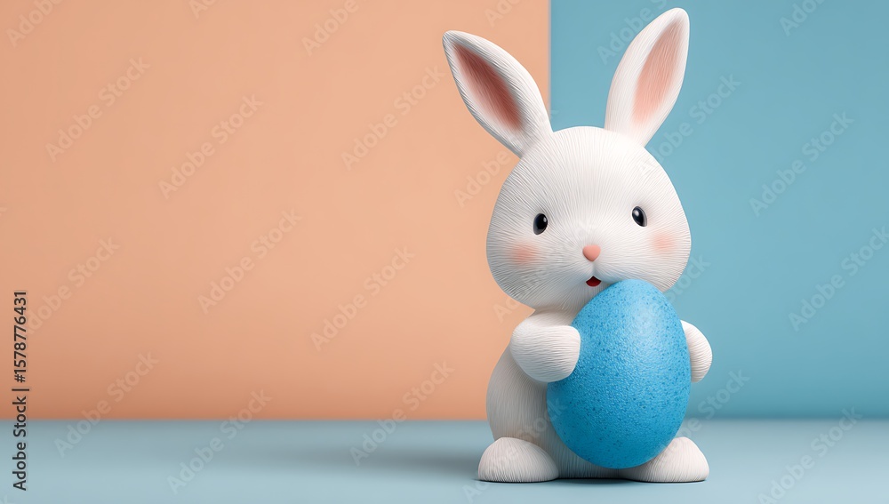Obraz premium Cute white Easter bunny holding a blue Easter egg