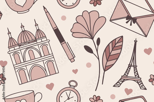 Romantic parisian icons and floral elements