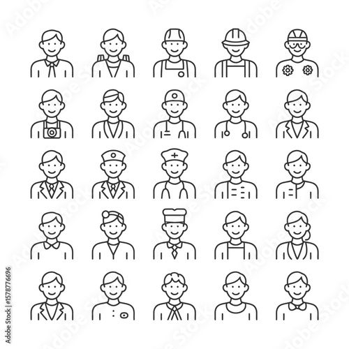 Collection of Thirty Diverse Professions Line Art Icons Black and White Simple Male and Female Professionals Headshots