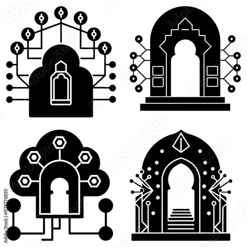 Four digital portals with geometric connections and archways in a grid pattern design vector