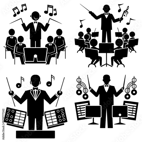 Illustrations of conductors leading orchestras and musicians with musical notes in black and white style