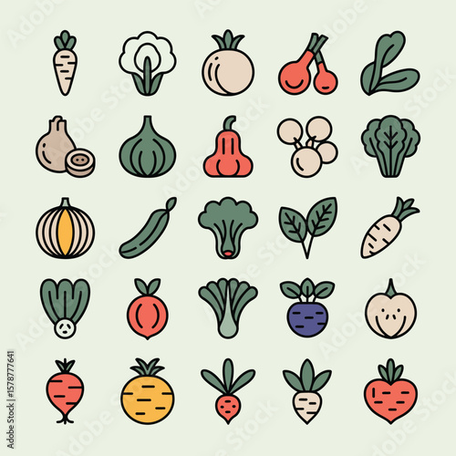 Collection of Thirty Diverse Vegetable Icons Featuring Carrots Onions Garlic Pumpkins Beets Broccoli Spinach and More in a Flat Line Art Style with Pastel Color Palette