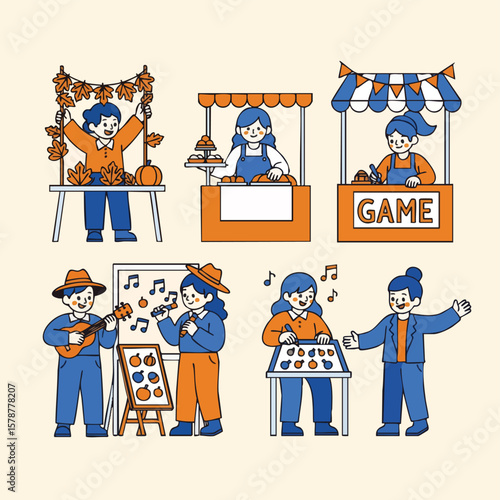 Cartoon Fair Activity Stand People at Farmers Market Illustration