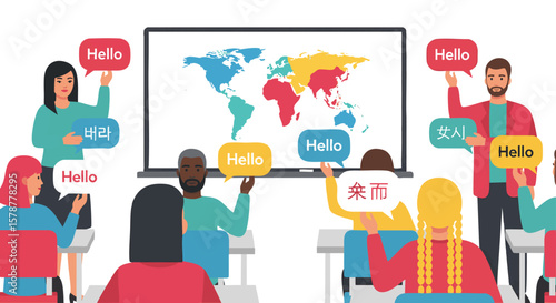 Diverse language learning classroom with world map and greetings
