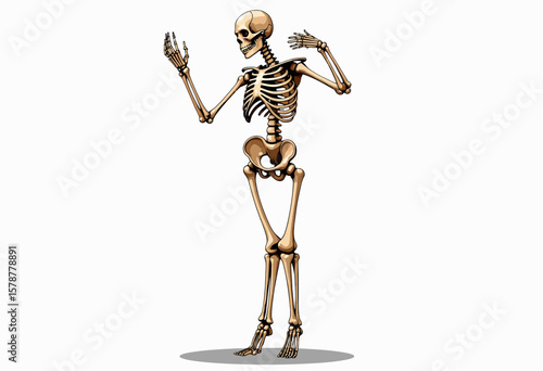 Cartoon skeleton waving and smiling with hands raised  