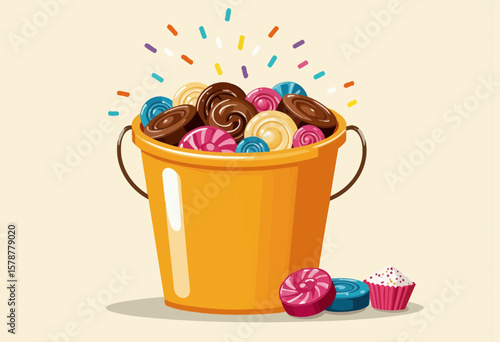 Colorful bucket filled with assorted candies and cupcakes on beige background  