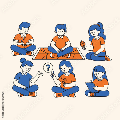 Flat Illustration of Group Sitting Together Playing and Learning Activity