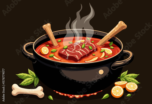 Beef stew simmering in a pot with herbs and orange slices  