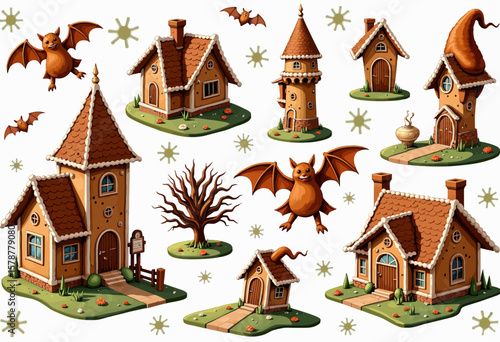 Halloween-themed illustration with whimsical houses and bats  