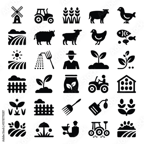 Collection of Thirty Six Black Farm Icons Agricultural Symbols Farming Equipment Animals Plants Rural Scenes Silhouette Style Vector Graphics