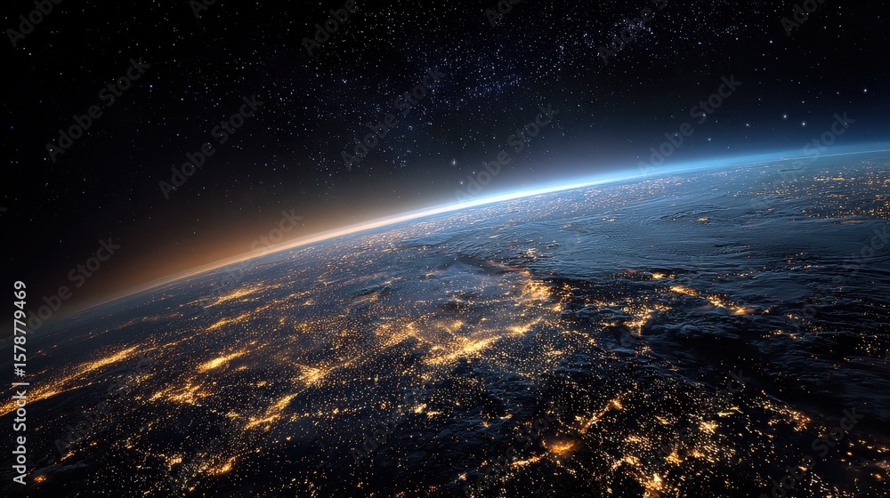 Obraz premium Stunning Aerial View of Earth from Space at Night with City Lights and Stars in the Background