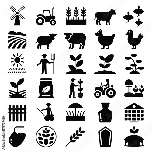 Collection of Thirty Six Black Glyph Icons Depicting Agricultural Elements Farm Animals Farming Tools Crops and Farm Structures on White Background
