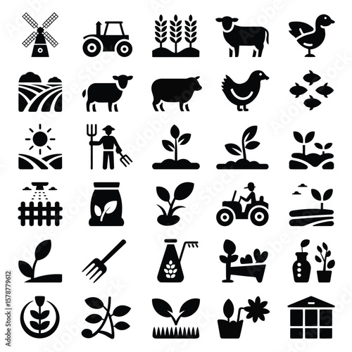 Collection of Thirty Six Black Glyph Icons Depicting Agriculture Farming Livestock and Gardening Elements Including Wheat Plants Tractors Cows Sheep Chickens Ducks Windmills