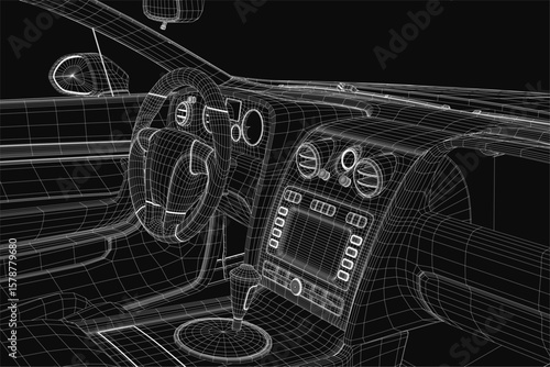 A sleek 3D wireframe model of a car dashboard featuring a steering wheel, speedometer, and control panels. The dark background enhances the modern and futuristic aesthetic.