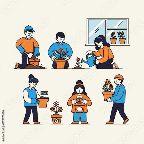 Flat Illustration Various People Planting Plants in Pots Activity Set