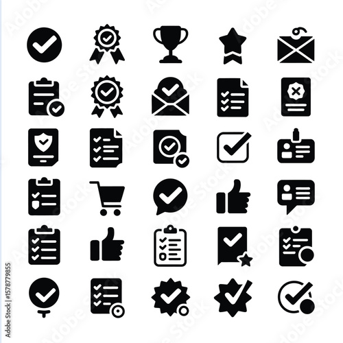 Collection of Thirty Six Black Glyph Icons Representing Approval Success Checklist Feedback and Quality Assurance Concepts on White Background