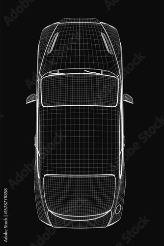 A sleek 3D car model displayed in wireframe style on a black background highlights intricate design details. The blueprint showcases precise engineering with visible framework and transparent layers.
