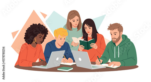 Diverse Students Studying Together with Laptops and Books