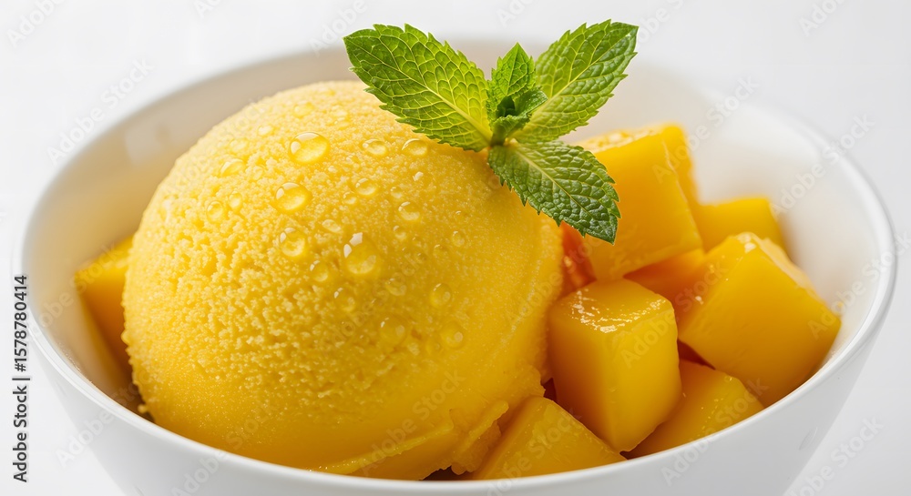 Mango Sorbet with Fresh Mint Leaves and Cubed Mango in White Bowl Mango Sorbet with Fresh Mint Leaves and Cubed Mango in White Bowl