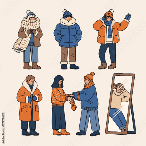 Colorful Line Art Various People Wearing Winter Clothing Illustration