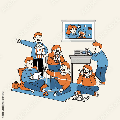 Cartoon Style Family Gathering Watching Home Movie Projector Illustration