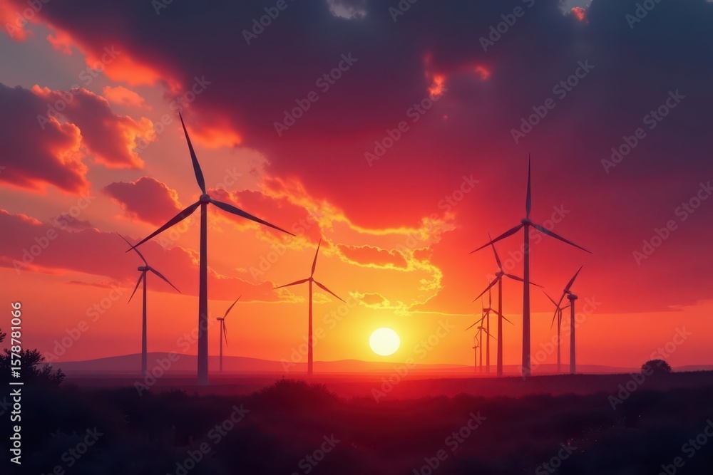 Obraz premium Silhouetted wind turbines against a fiery sunset , renewable, orange, dusk