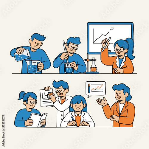 Flat Illustration Scientists Doing Chemical Research and Experiment in Laboratory