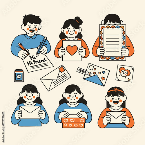 Retro Handdrawn Cheerful People Writing and Receiving Mail Illustration Set