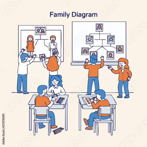 Flat Style Detailed Family Diagram Illustration Presenting on Projector Screen