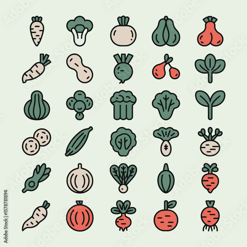 Collection of Thirty Six Diverse Vegetable Icons Featuring Carrots Broccoli Beets Onions and More in a Consistent Line Art Style with Muted Green Red and Beige Color Palette
